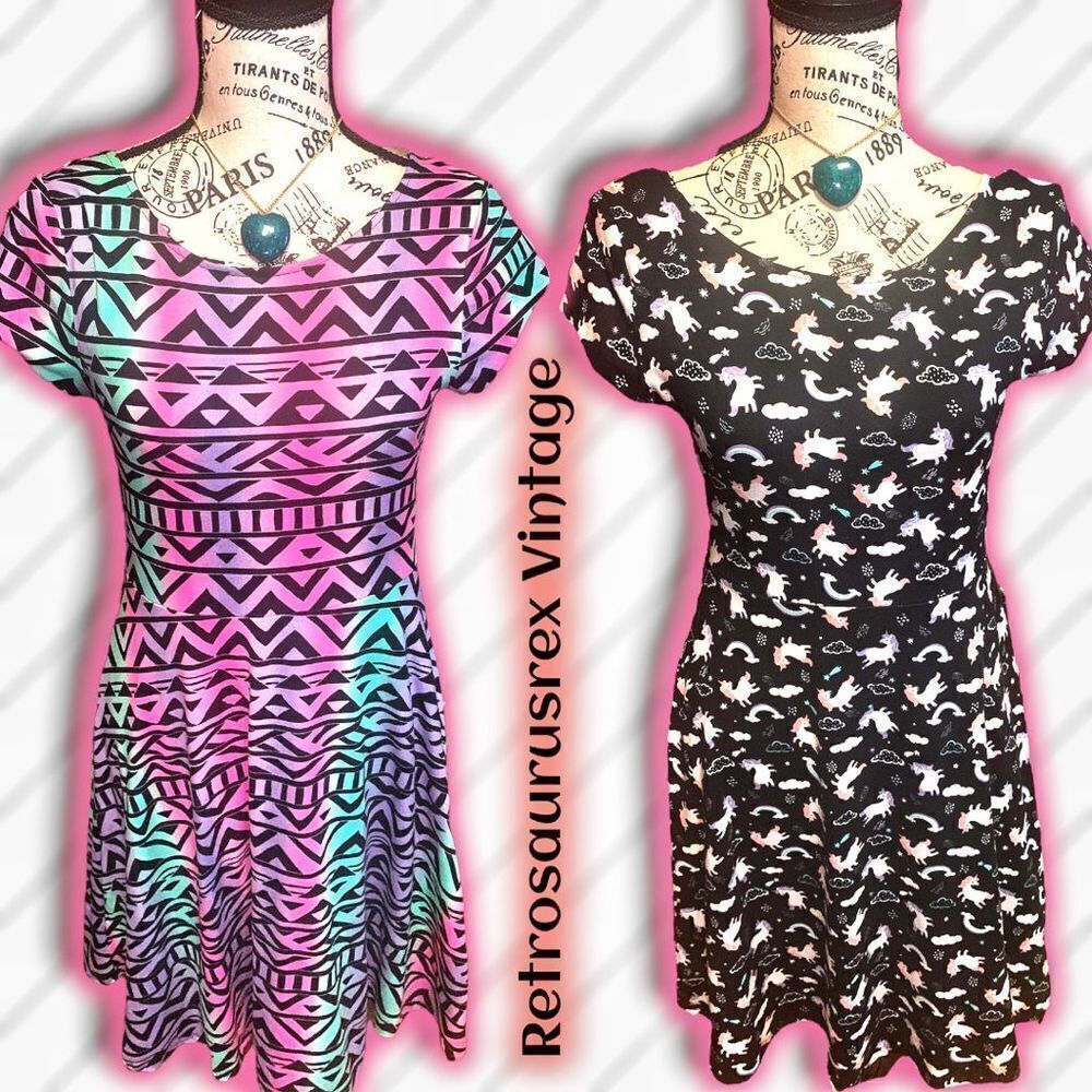Emily West Reversible Retro Neon Unicorn Boho Skater Dress, Small